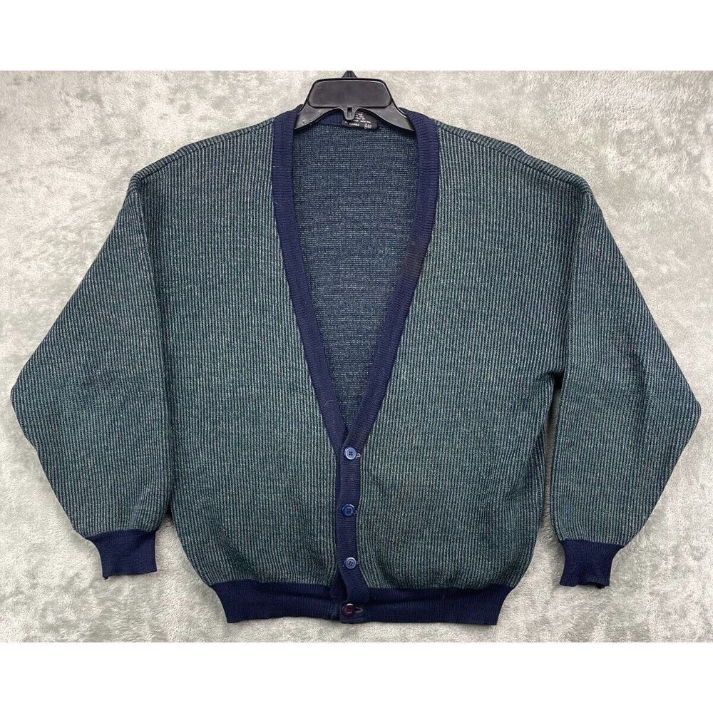 VTG Unique Fashion Knitwear Women's Wool Cardigan US 16 Blue/Green Ribbed Button